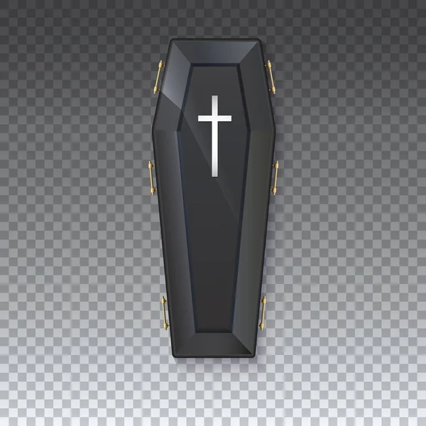Kist icoon met een metalen kruisbeeld en grepen op een geïsoleerde transparante achtergrond - 3D-illustraties. Elegante zwarte kist met schittering en gele handgrepen. Teken voor de Halloween vakantie — Stockvector