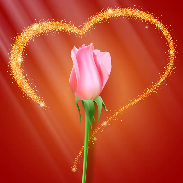 Realistisk ros knopp. Närbild blomknopp ros på bakgrund av stort hjärta med glitter. Vykort en symbol för romantik och kärlek, en mall för ett gratulationskort, 3d illustration — Stock vektor
