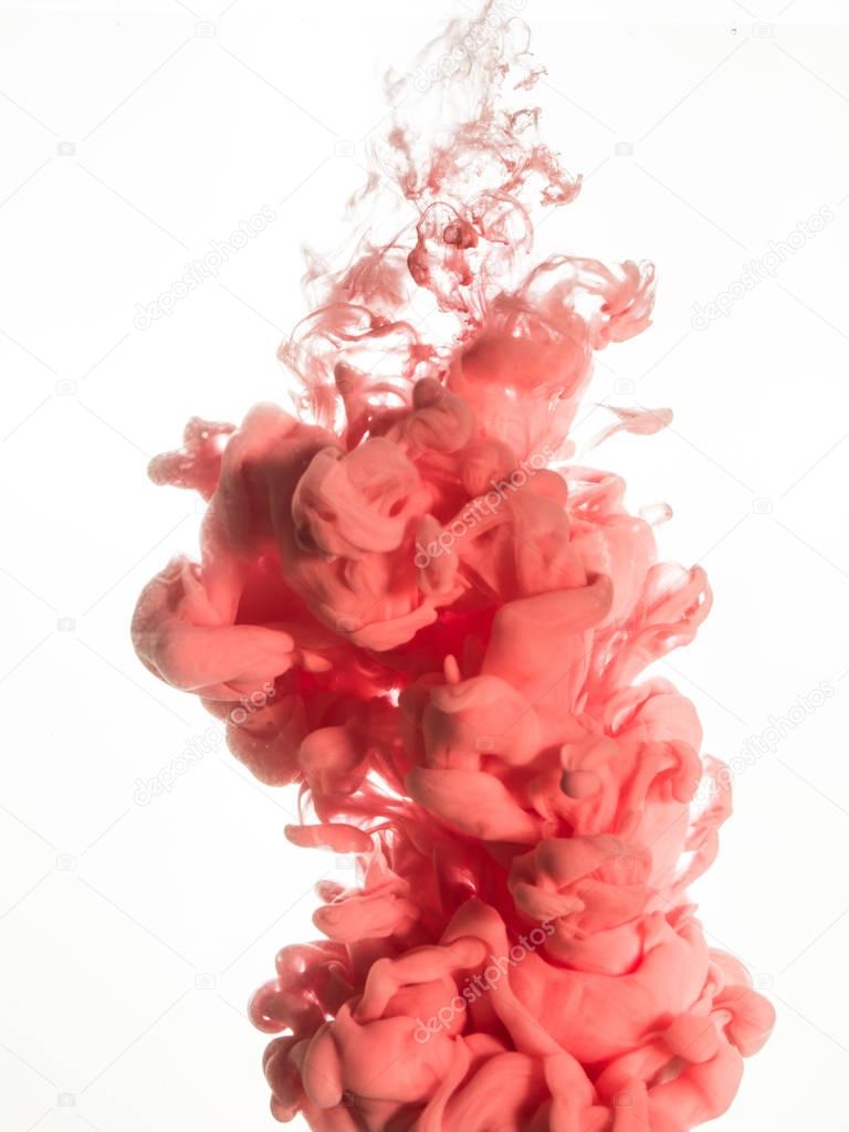 Ink swirl in water isolated on white background. The paint in the water. Soft dissemination a droplets of pink ink in water close-up. Abstract background. Soft focus, blurred backdrop