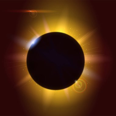 Güneş tutulması, astronomik fenomen - tam güneş tutulması. Bulanık ışık ışınları ve lens flare zemin. Parlama ışık efekti. Yıldız patlaması ile parıldıyor. Gezegen Eclipse Güneş kapsayan.