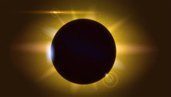 Eclissi solare, fenomeno astronomico - eclissi solare completa. Raggi di luce sfocata e sfondo bagliore lente. Effetto luce. Stella scoppiata con scintille. Il pianeta che copre il Sole in eclissi . — Vettoriale Stock