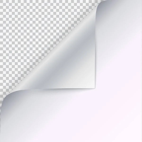 종이의 빈 시트에 그림자 페이지 컬. 그림자와 함께 흰 종이의 벡터 웅크리고 코너입니다. 클로즈업 투명 한 배경에 고립입니다. 종이 스티커, 3d 그림. — 스톡 벡터