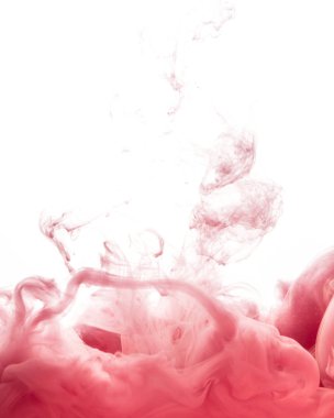 Beyaz arka plan üzerinde izole su mürekkep girdap. Boya su. Pembe mürekkep su yakın çekim yumuşak dağıtım damlacıkları bir. Arka plan. Yumuşak odak, bulanık zemin