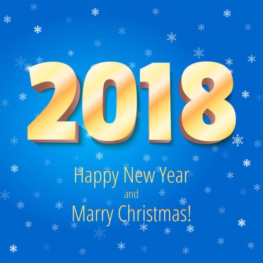 Mutlu yeni yıl 2018 ve evlendirmek Noel. Altın hacimsel sayılar. Kutlama poster yağan kar arka plan üzerinde. Tebrik kartı, afiş, broşür veya el ilanı şablonu. 3D illüstrasyon vektör.