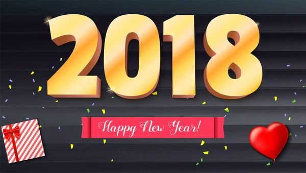Happy New Year 2018. Volumetric numbers from gold. Red banner with text. Congratulation poster on wooden backdrop. Greeting card, poster, brochure or flyer template. Vector 3D illustration. — Stock Vector