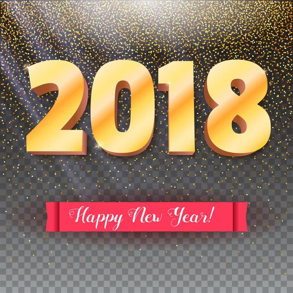 Volumetric numbers from gold. Happy New Year 2018. Red banner with text. Congratulation poster on snow backdrop. 3D illustration on transparent backdrop. Greeting card, poster or flyer template. — Stock Vector