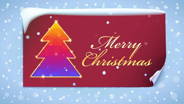 Christmas tree with glitter and flashes. New year banner with falling snowflakes. New year tree from color triangles with gold trim on a red background with greeting text, 3D illustration. — Stock Vector