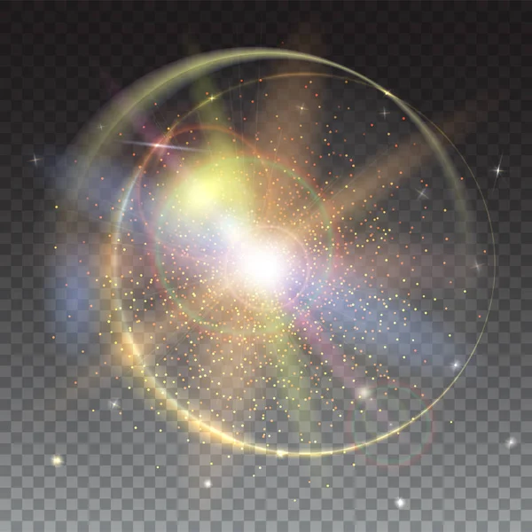 Kreisförmige Lichtstrahlen und Linsenflackerkulisse. Glühlichteffekt und Stern platzen vor Funkeln. abstrakte helle Hintergrund isoliert auf trasparent. — Stockvektor