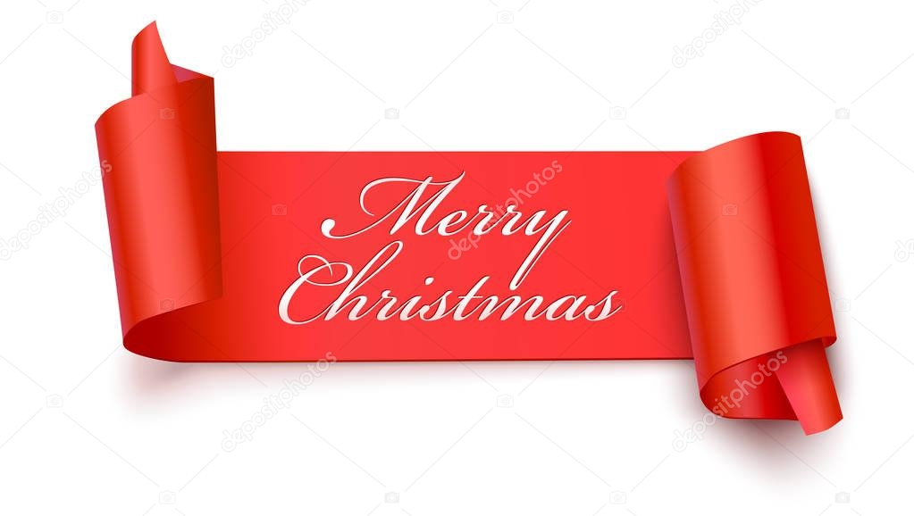 Christmas red banner with greeting text, 3D illustration. New year banner on white backdrop. Realistic red ribbon with wrapped corners