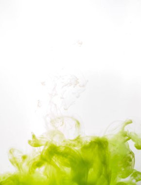 Beyaz arka plan üzerinde izole su mürekkep girdap. Boya su. Yumuşak yayılması su yakın çekim yeşil mürekkep damlacıkları bir. Arka plan. Yumuşak odak