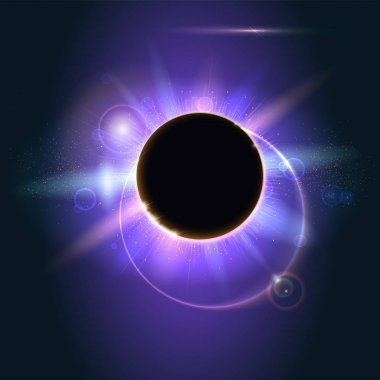 Uzayda parlayan soyut. Güneş tutulması, astronomik fenomen - tam güneş tutulması. Parlama ışık efekti. Yıldız patlaması ile parıldıyor. Gezegen Eclipse Güneş kapsayan.