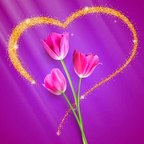Realistische tulp bloemen. Bloemen van de tulpen close-up op de achtergrond van groot hart met gouden glitter stof. Het symbool van de romantiek. Met liefde, sjabloon voor een wenskaart, 3d illustratie — Stockvector