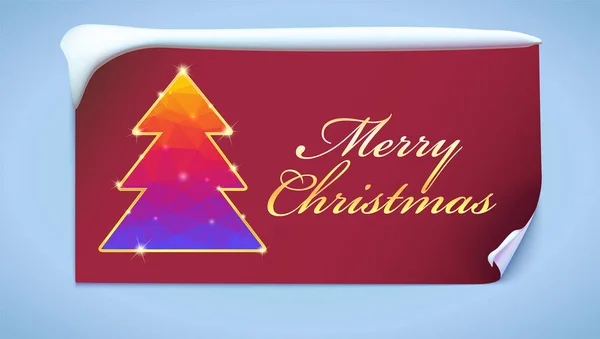 Árbol de Navidad con brillo y destellos. Árbol de año nuevo de triángulos de color con oro sobre un fondo rojo con texto de saludo, ilustración 3D. Banner de año nuevo sobre fondo azul — Vector de stock