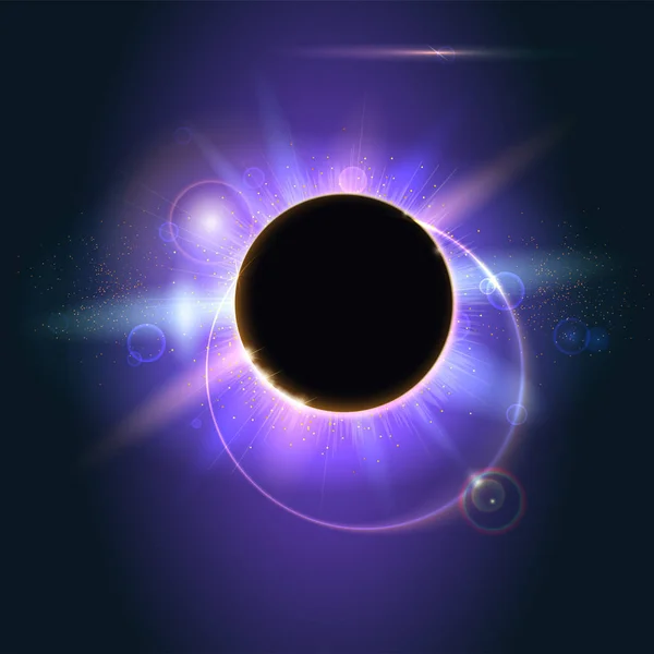 Abstrakcja błyszczący w przestrzeni. Solar eclipse, zjawisko astronomiczne - pełne słońce eclipse. Światła świecą. Burst Star błyszczące. Planety, obejmujące słońce w środowisku eclipse. — Wektor stockowy
