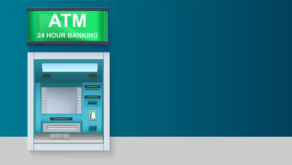 ATM - Automated teller machine med gröna ljusbord, 24 timmars banking. Mall med Atm terminal för reklam på horisontella lång bakgrund, 3d illustration — Stock vektor