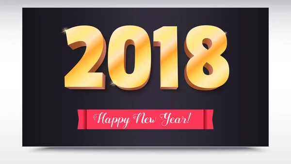 Happy New Year 2018. Volumetric numbers from gold. Red banner with text. Congratulation poster on dark backdrop. Greeting card, poster, brochure or flyer template. Vector 3D illustration. — Stock Vector