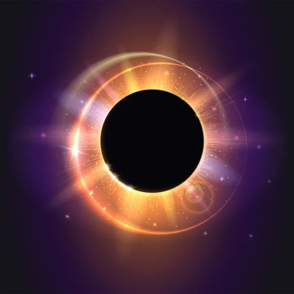 Eclipse solar, fenómeno astronómico - eclipse solar total. Fundo científico - eclipse solar total no céu brilhante escuro. Estrela explodiu com brilhos. O planeta que cobre o Sol em eclipse . —  Vetores de Stock