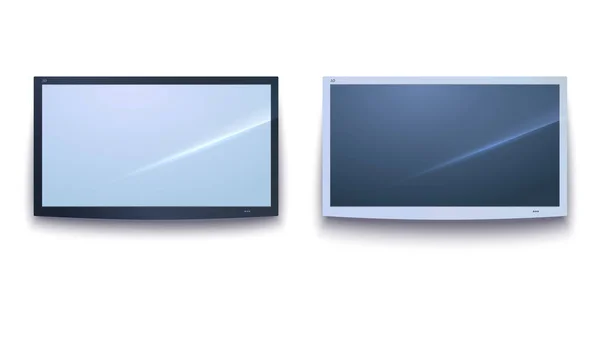 Set ikon TV Smart, layar TV gelap dan terang, TV LED menggantung, terisolasi pada latar belakang putih. Templat billboard horisontal dengan tikungan sudut, ilustrasi 3D. Monitor widescreen, templat . - Stok Vektor