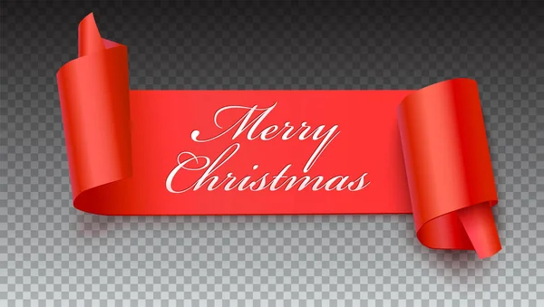 Banner rojo navideño con texto de saludo, ilustración 3D. Banner de año nuevo sobre fondo transparente. Cinta roja realista con esquinas envueltas — Vector de stock