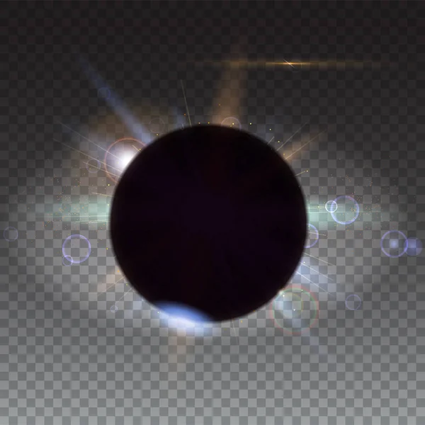 Eclipse solar, fenômeno astronômico, raios de luz e flare da lente de fundo. Estrela explodiu com brilhos. O planeta que cobre o Sol em eclipse, isolado em transparente — Vetor de Stock