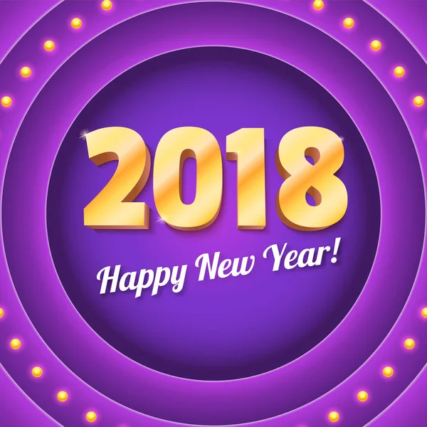 Retro, violet daire ampuller ile yeni önümüzdeki 2018 afiş. Daire tabela üzerinde parlayan ışıklar hacimsel sarı metin. 3D Resim, poster, afiş, rozet, için şablon kapak