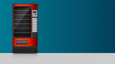 Otomat aperatifler, soda ya da gıda satışı için. İki renkli bir arka planda satış için detaylı çizimler kırmızı makineyle mesaj, 3d çizim için yer ile reklam afiş için şablon