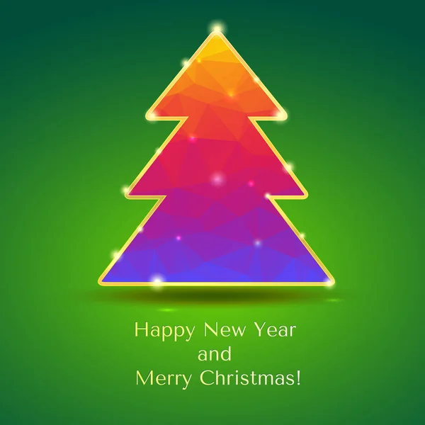 Kerstboom met glitter en knippert. Nieuwe jaar boom uit kleur driehoeken met goud trim op een groene achtergrond met groeten van tekst, 3d illustratie — Stockvector