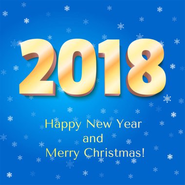 Mutlu yeni yıl 2018 ve evlendirmek Noel. Altın hacimsel sayılar. Kutlama poster yağan kar arka plan üzerinde. Tebrik kartı, afiş, broşür veya el ilanı şablonu. 3D illüstrasyon vektör.