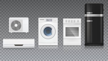 Klima, çamaşır makinesi, gaz hob ve siyah buzdolabı, gerçekçi gölgeler ve yansımaları ile izole 3d çizim. Bir trasparent arka plan üzerinde ev aletleri Icons set