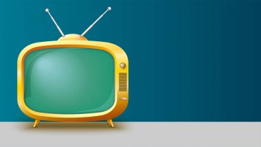 Retro sarı Tv şablonuyla metin için yer ile reklam yatay uzun zemin üzerinde 3d çizim için ayarlayın. Boş ekran ile gerçekçi vintage Tv