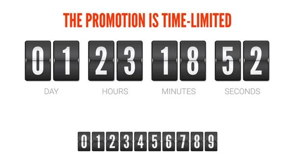 Şablon / flip geri sayım sayacı, saat sayacı. Sınırlı, analog flip saat timer zamanı. Beyaz arka plan üzerinde izole geri sayım için siyah mekanik saat. Zamanlayıcı, 3d çizim için bir sayı kümesi — Stok Vektör