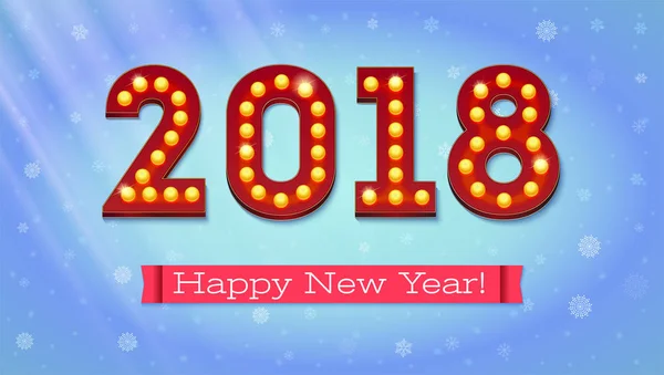 New year 2018 komst. De tekst in de stijl van Amerikaanse casino met gloeiende lichten en rode vlag op de achtergrond de vallende sneeuw met stralen van licht, 3d illustratie — Stockvector