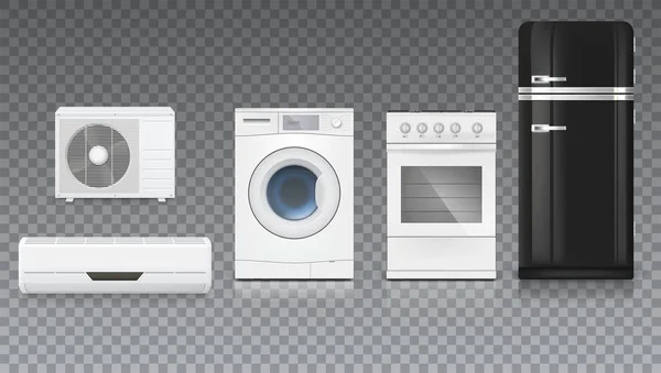 Klimaanlage, Waschmaschine, Gasherd und schwarzer Kühlschrank, isolierte 3D-Illustration mit realistischen Schatten und Reflexionen. Icons von Haushaltsgeräten auf einem durchsichtigen Hintergrund setzen — Stockvektor