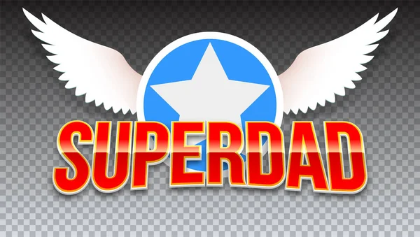 Super dad, red shiny text on horizontal transparent background. Super hero typography with white wings and star for t-shirt graphics or sport logo on transparent background — Stock Vector