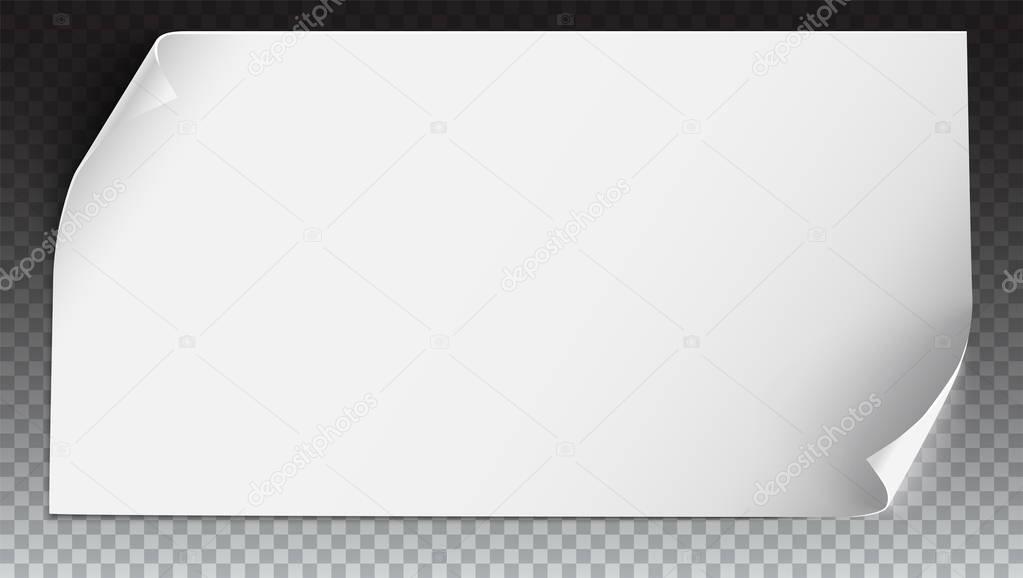 Vector curved paper banner on transparent background. White blank curved paper, horizontal banner, isolated on transparent. Realistic vector paper template with curl corners, 3D illustration