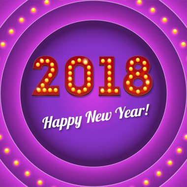 Yeni yıl 2018, retro afiş ampulleri ve Parlatıcı ile geliyor. 3D çizim. Daire tabela üzerinde parlayan ışıklar ile Amerikan casino tarzı metin.