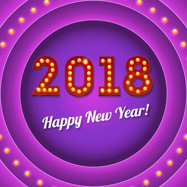 Vindo Ano Novo 2018, banner retro com lâmpadas e brilho. Ilustração 3D. O texto no estilo de casino americano com luzes brilhantes na placa de círculo . — Vetor de Stock
