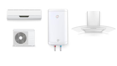 Ev aletleri simgeleri beyaz bir arka plan üzerinde ayarlayın. Klima, Beyaz su ısıtıcı, aspiratör hood cam, gerçekçi gölgeler ve yansımaları ile 3d illüstrasyon izole