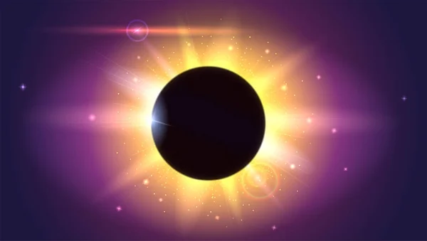 Efect de lumină strălucitoare. Steaua a explodat cu sclipici. Eclipsa solară, fenomen astronomic. Razele luminoase și lentilele aprind fundalul orizontal. Planeta care acoperă Soarele . — Vector de stoc