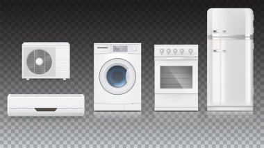 Ev aletleri simgeleri şeffaf bir arka plan üzerinde ayarlayın. Klima, çamaşır makinesi, gaz hob ve beyaz buzdolabı, gerçekçi gölgeler ve yansımaları ile izole 3d çizim