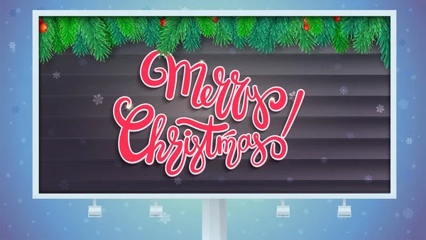 广告牌与圣诞问候。字体设计，圣诞树枝上木制的背景。3d 插图和雪花，你的卡，模板背景打印设计 — 图库矢量图片