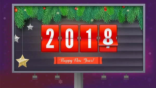 Nieuwjaar komt 2018. Achtergrond met mechanische klok, serpentijn en kerst bal. Happy New Year 3d illustratie met scorebord, sjabloon voor uw wenskaarten of print ontwerp — Stockvector