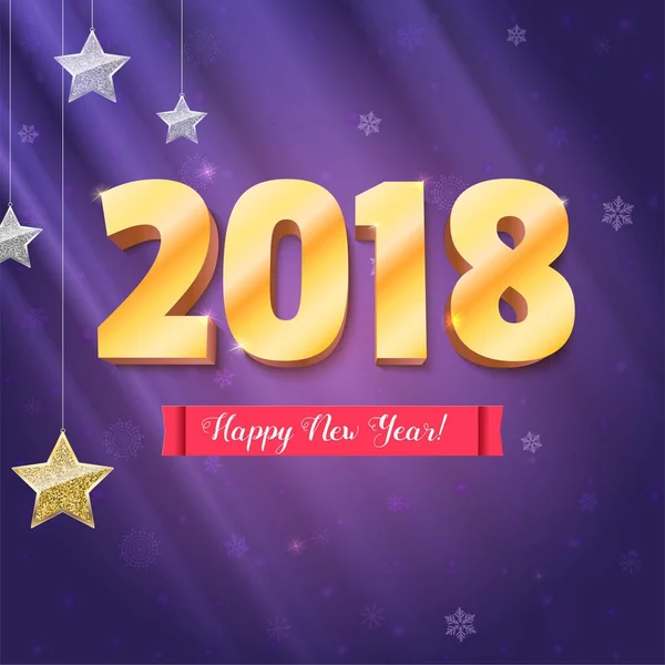 Happy New Year 2018 komt. Gouden cijfers en zilveren sterren. Happy New Year 3d illustratie op achtergrond met sneeuwvlokken, sjabloon voor wenskaarten, ontwerp of creatieve kunsten afdrukken — Stockvector
