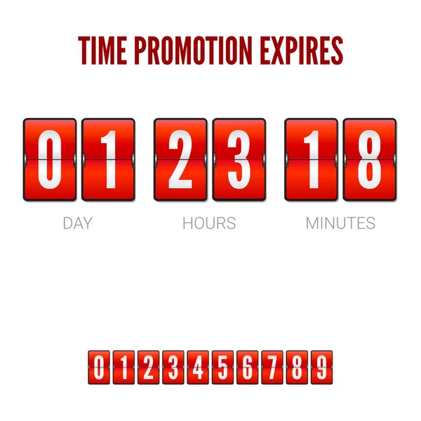 Promoções expira, temporizador de flip clock analógico. Modelo do temporizador de contagem regressiva, contador de relógio. Relógio de contagem regressiva vermelho isolado no fundo branco. Conjunto de números para temporizador, ilustração 3D — Vetor de Stock