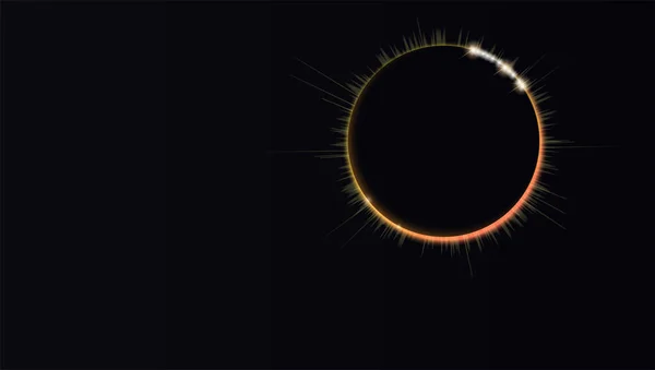 Eclipse solar, fenómeno astronómico. Rayos de luz borrosa sobre fondo negro. Efecto de luz brillante. El planeta que cubre el Sol. Plantilla para tu portada, póster y tarjetas — Vector de stock