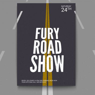 Vektör şablon afiş, broşür, afiş, el ilanı için tasarım düzen /. Afiş tasarımı fury yol göstermek için. Yolun mesafe içine basık. Mock-up olay metin şablonu, A4 boyutunda.