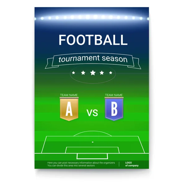 Πρότυπο αφίσα του πρωταθλήματος ποδοσφαίρου. Γήπεδο ποδοσφαίρου νύχτα με τους προβολείς. Ποδόσφαιρο Κύπελλο διαφήμιση. Ανακοίνωση εκδηλώσεων άθλημα. Εξώφυλλο του μεγέθους A4 — Διανυσματικό Αρχείο