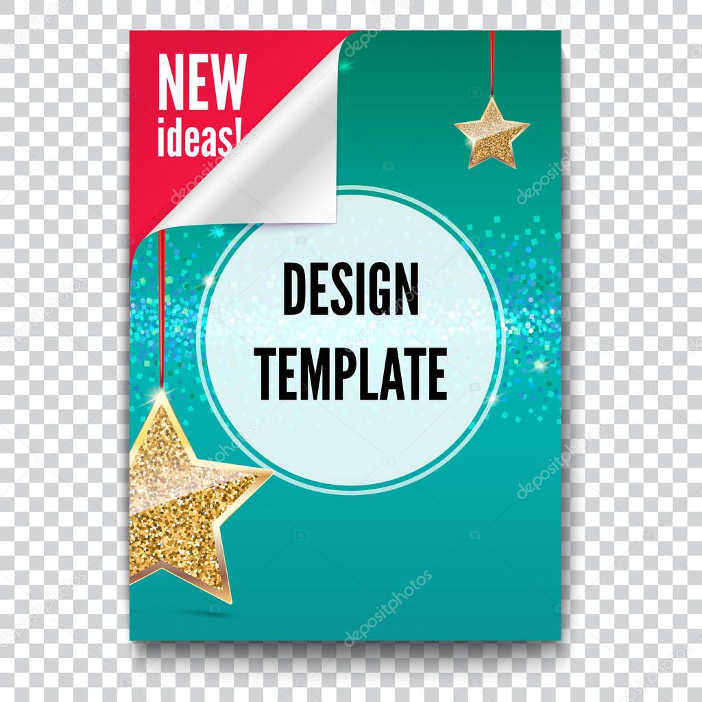 Business brochure, flyer design, layout template in A4 size. Paper poster with gold stars and glittering shine on backdrop, isolated on trasparent background, 3D illustration with text desig