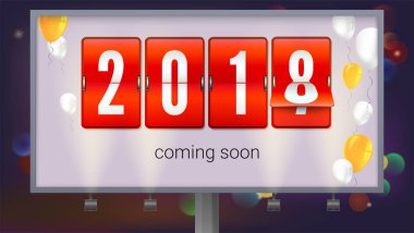 Tebrik posteri, 2018 yeni yıl coming soon. Gece şehir zemin billboard. Hava ile şişirilen balonlar ile banner kavramı. Mekanik saat yıl değişti. 3D çizim