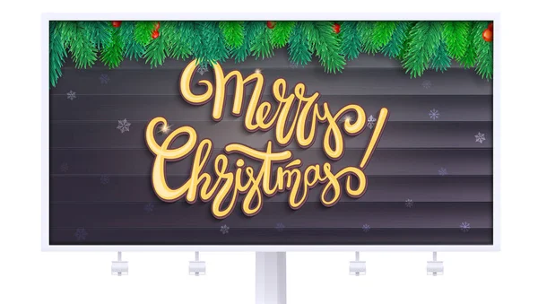 Billboard with Merry Christmas greetings. Lettering design, Christmas tree branches on wooden background. 3D illustration, isolated on white backdrop, template for your cards, print design — Stock Vector